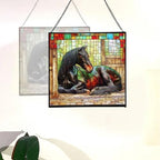 Black Shire Horse Resting Under Stable Eaves Square Suncatcher – Stained Glass Style Window Panel with Pastoral Scene, Custom Decorative Hanging Art for Equestrian Home, Christmas E6Fxuk - Image 4