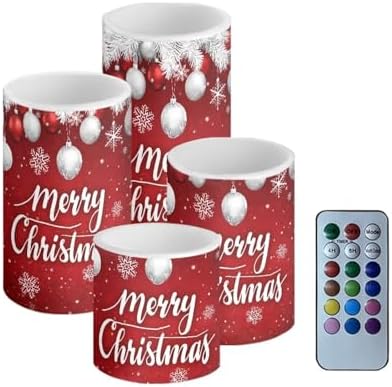 GLENLCWE Red Merry Christmas Led Battery Operated Flameless Candles Set of 4 Flickering Pillar Candles (H 3" 4" 5" 6" x D 3") Remote Control Candle with 4/8 Hour Timer by GLENLCWE