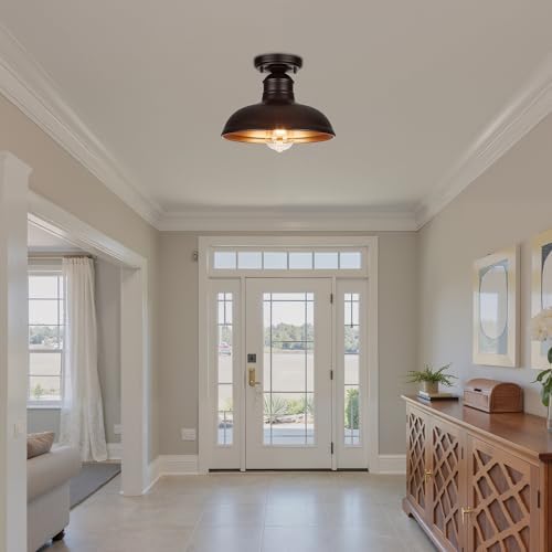 GOLDHILL 10" Semi Flush Mount Ceiling Light, Oil Rubbed Bronze Industrial Barn Shade with Gold Interior, 1-Light Bowl Fixture for Kitchen Island, Hallway and Covered Porch - Image 3