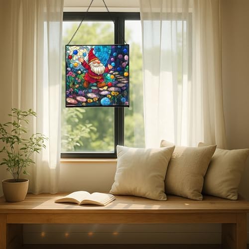 Gnome in a Jellybean Garden Stained Glass Suncatcher – Square Hanging Window Panel for Home or Greenhouse – Whimsical Glass Art Gift for Garden Lovers, Christmas, Halloween, Father Days v4Uq3H - Image 7
