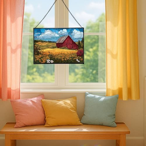 Barn Surrounded by Summer Wildflowers Rectangular Stained Glass Suncatcher – Hanging Window Panel with Animal & Nature Scene – Vibrant Glass Art Gift for Wildlife, Fantasy, Nature Lovers hfGgwX - Image 5