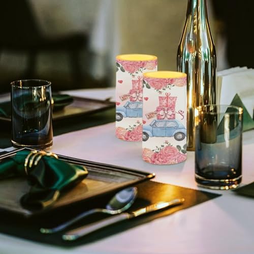 Battery Operated Flameless Candles with Remote and Timer Set of 2 Valentines Day Floral Truck Gifts Print Flameless LED Pillar Candles for Home Decoration Battery Tea Lights - Image 3
