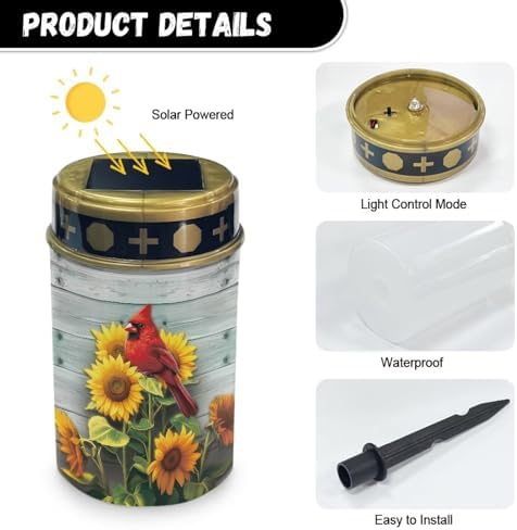Poceacles Cardinal Sunflower Wood Grain Solar Lights Outdoor Solar Powered Outdoor Cemetery Stake Candle Grave Solar Lamp Landscape Lighting Waterproof Grave Flameless Candle, Pack of 4 - Image 7