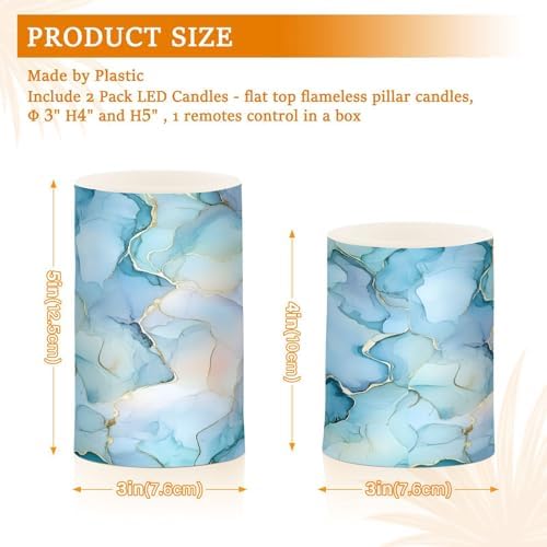 ALAZA Aqua Blue Gold Marble Textures Flameless Candles, LED Pillar Candles with Remote Timer, Battery Operated Candles Set of 2 - Image 7