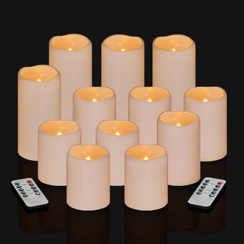 Flameless Candles 4" 5" 6" Outdoor Indoor Pillars Battery Operated Flickering Candles Include 10-Key Remote Timer 400+ Hours by 2 AA Batteries (Ivory Candle - Warm light, 3"D x 4"|5"|6" H - 12 Pack) by Artmarry