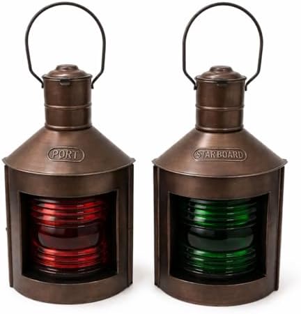Metal Port & Starboard Lanterns Set of 2 Ship Oil Lamps Nautical Light Ship Lanterns, with Red and Green Fresnel Lenses, Antique Copper Finish Maritime Navigation Lights for Coastal by THOR+INSTRUMENTS