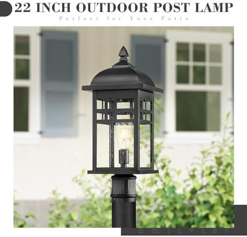 Emliviar 22 Inch Large Outdoor Lamp Post Light, Farmhouse Pole Lights for Outside Patio, Waterproof Aluminum in Black Finish with Seeded Glass, DE279P-M BK - Image 3
