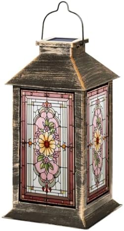 Stained Glass Style Solar Lantern Outdoor Garden Hanging Lantern Flat Stained Glass Artwork Sunflower Spring Color Mosaic Waterproof Solar Powered Lighting Outside Table Lamp for Patio Deck Yard by Unknown