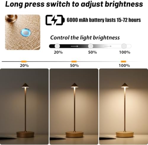 2Pack Rechargeable Cordless Table Lamp, Portable Powered LED Battery 6000mAh Metal USB Desk Lamp, 3 Levels Brightness Light for Restaurants Outdoor (2pack LCE Flower Gold) - Image 6