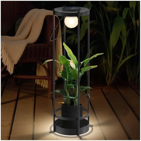 Outdoor Solar Floor Lamp with Plant Stand 2 in 1 Heavy-Duty Metal Flower Pot for Real/Fake Flowers, Adjustable Height, Waterproof Dusk to Dawn, Standing Light for Patio, Yard, Garden (35.5"H - 1Pack) by GardenStylebyLapsnail