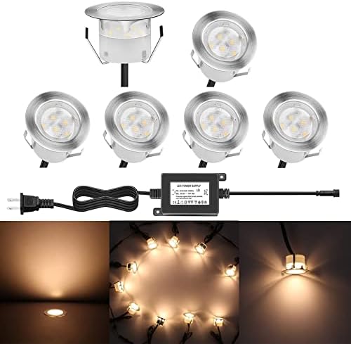 Low Voltage LED Deck Lighting Kit Stainless Steel 1W Waterproof Outdoor Yard Garden Decoration Lamps Landscape Pathway Patio Step Stairs Warm White LED In-ground Lights, 6pack by QACALEDOutdoorRecessedDeckLightingKits