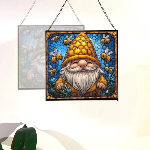 Bee Keeper Gnome Stained Glass Suncatcher – Square Hanging Window Panel for Home or Greenhouse – Whimsical Glass Art Gift for Garden Lovers, Christmas, Halloween, Father Days jHIJ7k - Image 4
