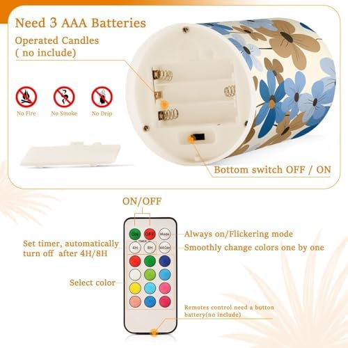 Blue Brown Retro Flowers Flameless Outdoor Battery Operated Candles Electronic Lights Waterproof Remote Control for Votive Battery Powered 2-Piecing Set - Image 4