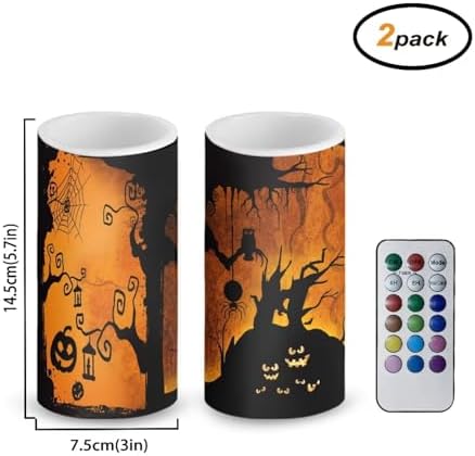 Halloween Battery Operated Candles with Timer Flameless LED Candles Bulk with Remote Devil Pumpkin Tree Print Electric Fake Plastic Pillar Lights Bulk for Home Party Decoration - Image 2