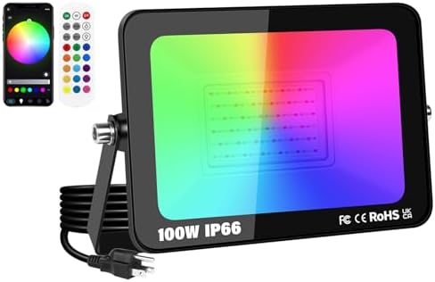 RIGIDON 1 Pack 100W Smart RGB LED Floodlight Outdoor with Plug, APP Control by RIGIDON