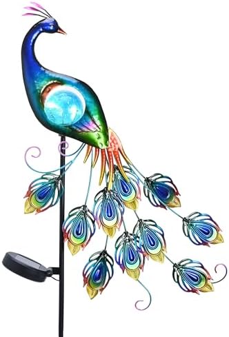 TERESA'S COLLECTIONS Yard Decorations Outdoor for Garden Decor, Peacock Solar Outdoor Lights, 32'' Metal Lawn Ornaments for Outside with Crackle Glass Ball, Decorative Stake Gifts for Mom by TERESASCOLLECTIONS
