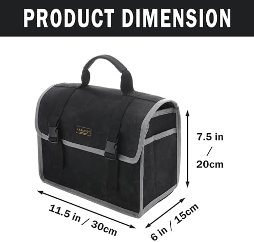 Tool Organizer Bag | 1 Large Pocket Storage Pouch & 2 Side Pockets & Canvas Handle, Heavy Duty 16oz Waxed Canvas Tote Bag, Reusable Tool Carrier for Hand Tools - 11.5"L x 6"W x 7.5"H - Black - Image 2
