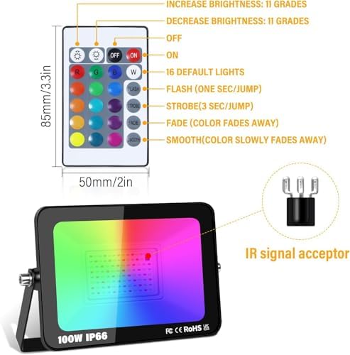 2-Pack 100W RGB LED Flood Light, Remote Outdoor Color Changing Light - Image 2