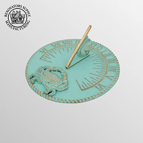 Renovators Supply Manufacturing Sundial Verdigris Finish Brass 10" Dia Vintage Sun Dial Garden Or Lawn Clock Beach Theme Fish Dial and Crab Plaque Patio Outdoor Compass Sundials for Yards - Image 4
