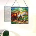 White Shire Horse Pulling Wagon at Twilight Square Suncatcher – Stained Glass Style Window Panel with Pastoral Scene, Custom Decorative Hanging Art for Equestrian Home, Christmas meyEOR - Image 4
