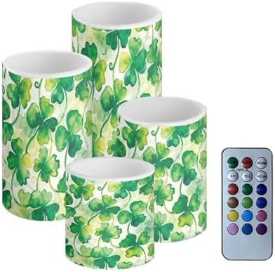 Flickering Flameless Candles with Remote 4 Pack St Patricks Day Battery Operated Pillar Candles with Timer Painting Style Shamrocks LED Elictric Pillar Tealights by Merkmak