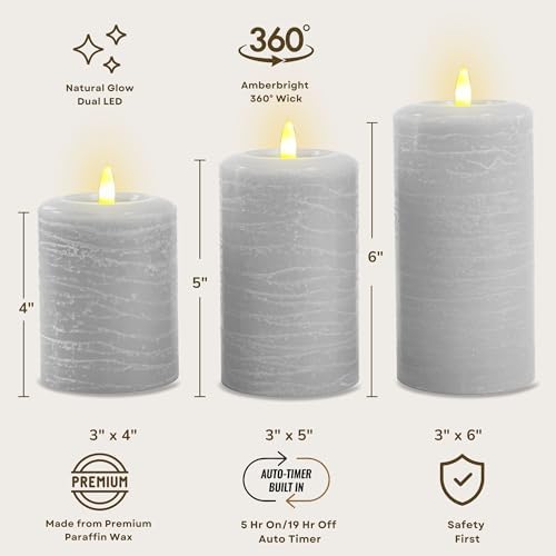 LumiPur Essentials Natural Glow Flameless Flickering Wax Pillar 3 Pack LED Candles (3" x 4" 5" & 6") Gray Fog - Image 2
