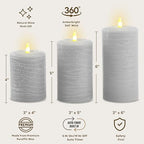 LumiPur Essentials Natural Glow Flameless Flickering Wax Pillar 3 Pack LED Candles (3" x 4" 5" & 6") Gray Fog - Image 2