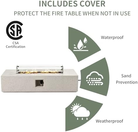 COSIEST Outdoor Propane Fire Pit Table 56" x 28" Rectangle Beige Compact Concrete-Like Finish, Certified, 50,000 BTU,Wind Guard, Tank Outside, Free Lava Rocks, Fits 20lb Tank Outside, Raincover - Image 4