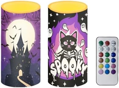 Halloween Day Flameless Candles with Remote and Timers Battery Operated Candles for Indoor Outdoor Trick or Treat Day Home Party Dinner Decorations, Black Cat Bat Castle by Merkmak