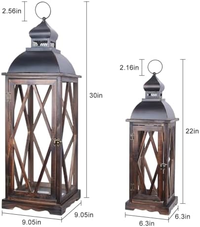Large Farmhouse Wooden Metal Lantern Set of 2, 30''/22'' H Rustic Decorative Indoor & Outdoor Hanging Candle Lanterns, Wooden Outdoor Lanterns for Patio Front Porch Table, Brown - Image 3