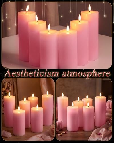 VIHOSE 6 Pack Pink Flameless Candles Set with Remote and Timer Flickering Flameless Battery Candles Flat Top LED Pillar for Wedding Outdoor Home Festival Decoration(D 3" H 6" 7" 8") - Image 3