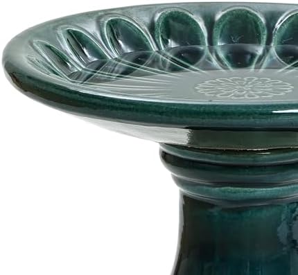 LuxenHome 22 Inch Ceramic Bird Bath for Outside, Elegant Tall Outdoor Bird Bath, Lightweight Pedestal Glazed Birdbaths for Outdoors with Floral Pattern, Dark Green - Image 4