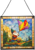 Gnome with Kite Flight Stained Glass Suncatcher – Square Hanging Window Panel for Home or Greenhouse – Whimsical Glass Art Gift for Garden Lovers, Christmas, Halloween, Father Days uL8KsZ by Custom
