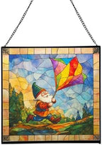 Gnome with Kite Flight Stained Glass Suncatcher – Square Hanging Window Panel for Home or Greenhouse – Whimsical Glass Art Gift for Garden Lovers, Christmas, Halloween, Father Days uL8KsZ by Custom