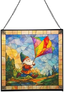 Gnome with Kite Flight Stained Glass Suncatcher – Square Hanging Window Panel for Home or Greenhouse – Whimsical Glass Art Gift for Garden Lovers, Christmas, Halloween, Father Days uL8KsZ by Custom