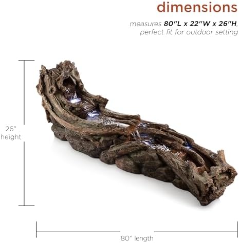 Alpine Corporation 80" Long Indoor/Outdoor Wood River Log Water Fountain with LED Lights, Cascading Natural Water Feature for Gardens, Patios, Yards, and Outdoor Decor, Brown and Gray - Image 3