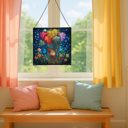 Flower Balloon Lift Gnome Stained Glass Suncatcher – Square Hanging Window Panel for Home or Greenhouse – Whimsical Glass Art Gift for Garden Lovers, Christmas, Halloween, Father Days XOHreA - Image 5