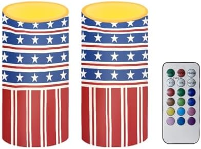 Set of 2 Independence Day Flags Flameless Candles with Remote Outdoor Battery Operated Candles with Timer Flickering LED Pillar Lights for 4th of July USA Patriotic Decoration by Merkmak