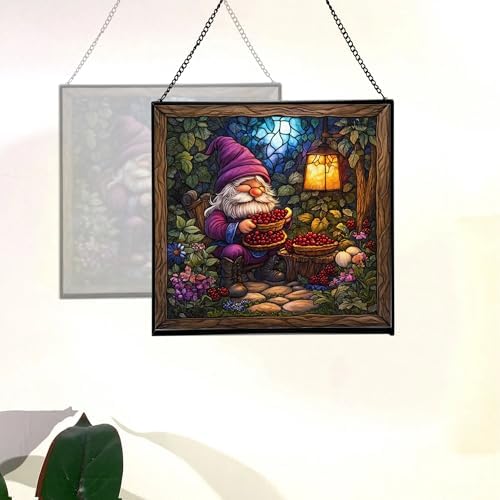 Berry Pie Gnome Picnic Stained Glass Suncatcher – Square Hanging Window Panel for Home or Greenhouse – Whimsical Glass Art Gift for Garden Lovers, Christmas, Halloween, Father Days aZdgHt - Image 4