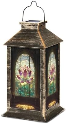 Solar Lantern Victorian Stained Glass Window Lotus Flower Outdoor Waterproof Garden Hanging Lantern Solar Powered Lighting Outside Table Lamp for Patio Deck Camping 1 Pack by Unknown