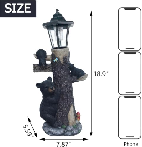 19" Black Bear Statue Solar Welcome Sign Resin Outdoor Garden Decor, Brown - Image 2