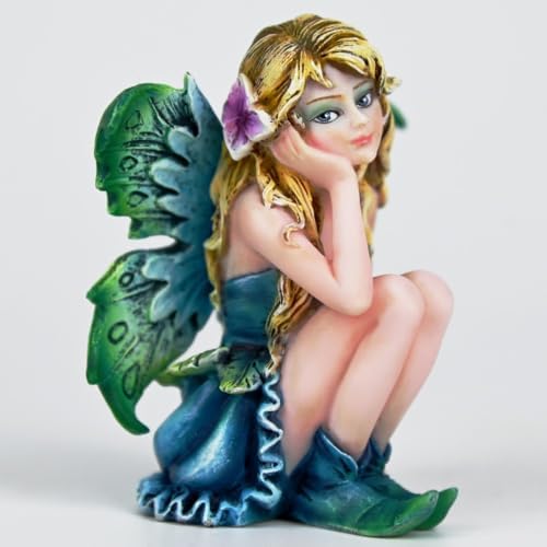 Fantasy Thoughtful Fairy Figurine, 3.15 Inch Blue-Green Gradient Elf Statue, Hand-Painted Resin Decor with Purple Hair Flower & Textured Wings for Desk, Fairy Garden, Plant Pot - Image 6