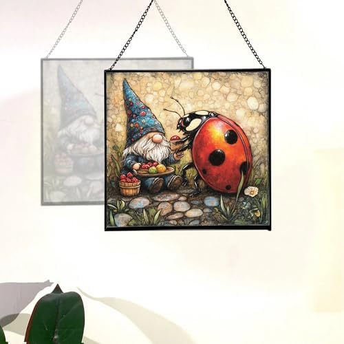 Lady.Bug Picnic Gnome Stained Glass Suncatcher – Square Hanging Window Panel for Home or Greenhouse – Whimsical Glass Art Gift for Garden Lovers, Christmas, Halloween, Father Days Duy7w9 - Image 4