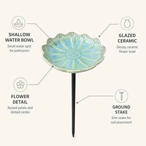 Ceramic Pollinator Watering Station for Garden, Flower Shaped Bee Butterfly Water Feeder Bowl on Stake, Outdoor Yard Decor, 1 Pack, Blush Pink - Image 2
