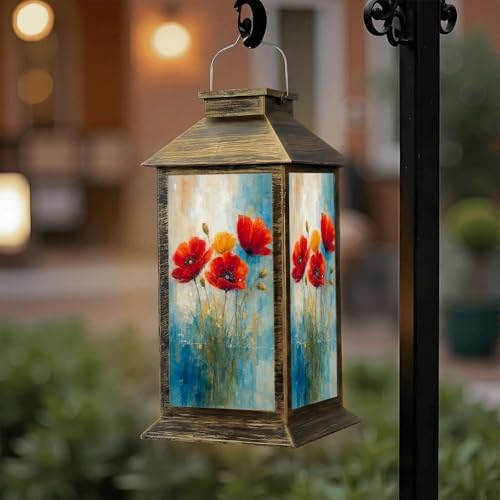Solar Lantern Outdoor Waterproof Nature Inspired Vibrant Aesthetics Floral Red Flowers Yellow Green Garden Decor LED Solar Lights Hanging/Tabletop Lamp Gifts for Women Mom for Outside Yard Patio by DERUINVAIO