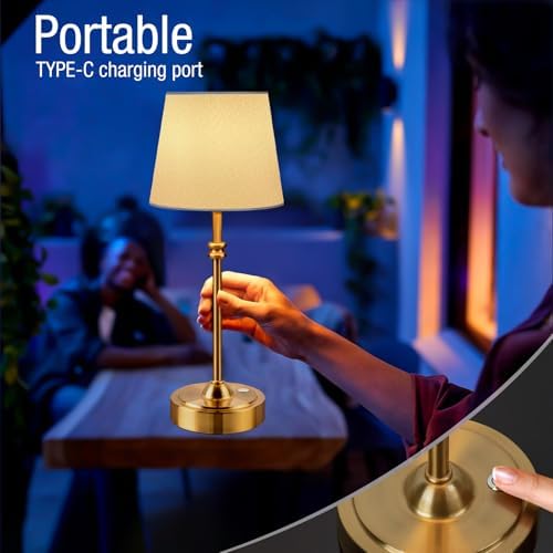 ONEWISH Cordless Lamp-Battery Operated Table lamp, 4000mAh Rechargeable, Stepless Dimmable, Small Touch Bedside Lamp with Fabric Shade, for Dining, Patio, Bathroom(Gold) - Image 2