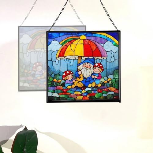 Gnome with Umbrella Stained Glass Suncatcher – Square Hanging Window Panel for Home, Garden, Nursery, Halloween, Christmas, Memorial Day – Whimsical Glass Art Gift for Gnome Lovers ovpj1u - Image 4