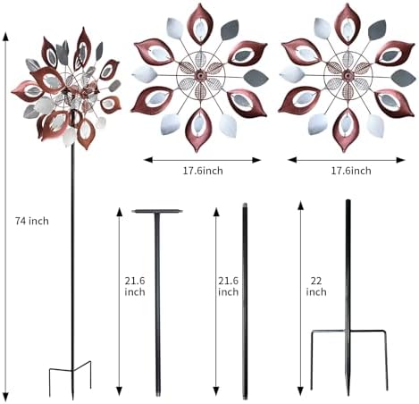 GUAGUA 74 Inch Metal Wind Spinner, Willow Leaf Kinetic Yard Decor,Red - Image 4