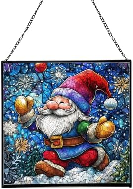 Snowball Gnome Joy Stained Glass Suncatcher – Square Hanging Window Panel for Home or Greenhouse – Whimsical Glass Art Gift for Garden Lovers, Christmas, Halloween, Father Days ukEpWQ by Custom
