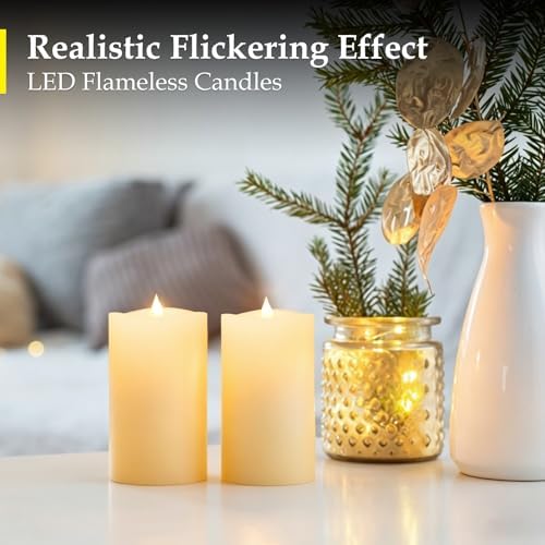 2 Pcs, Battery-Powered 3×5 Inch Ivory LED Pillar Candles, Realistic Flickering Flameless Candles with Timer, for Weddings, Holidays & Indoor/Outdoor Decor - Image 4
